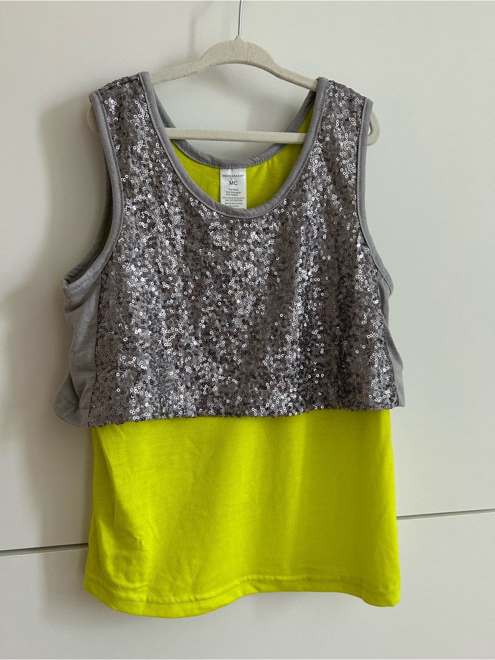 Weissman Grey Sequin Tank with Neon Yellow Underlay - Size MC - Childs Medium